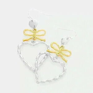 Silver & Gold Open Heart Earrings (Pierced) With A Bow On Top